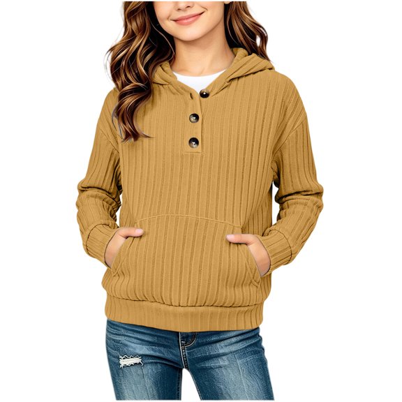 asjyhkr Girls Knitted Hoodies Long Sleeve Pullover Ribbed Soft Comfy Everyday Wear Teens 1/4 Button Fall Fashion Tops(14-15 Years,Yellow)