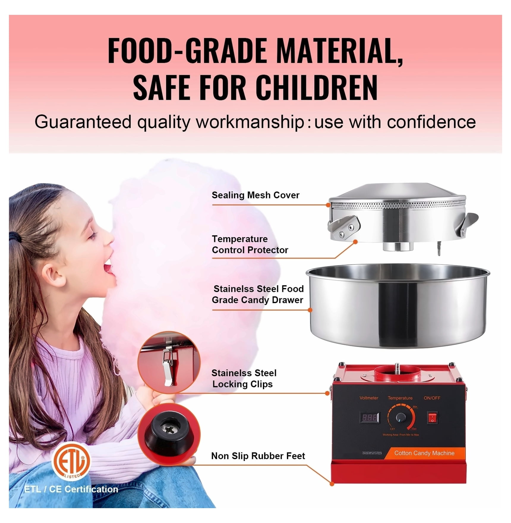 Cotton Candy Machine, 1000W Commercial Candy Floss Maker, Stainless Steel Bowl, Sugar Scoop, for Parties & Home Use (Red)