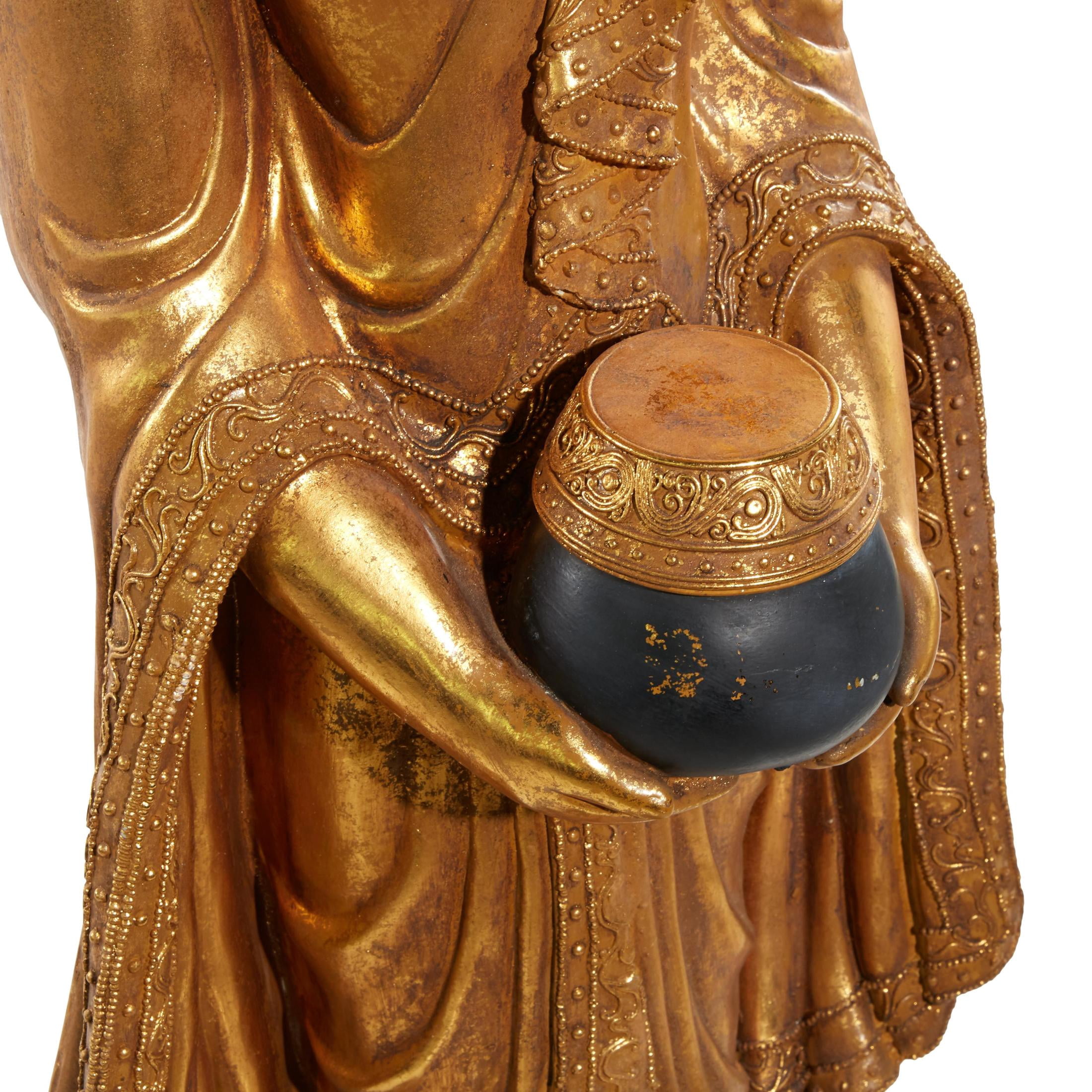 16" x 54" Gold Polystone Standing Floor Buddha Sculpture with Engraved Carvings and Relief Detailing, by DecMode