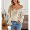 thumbnail image 3 of Geometric Striped Pattern Drop Shoulder Knit Sweater for Women Beige Medium, 3 of 5