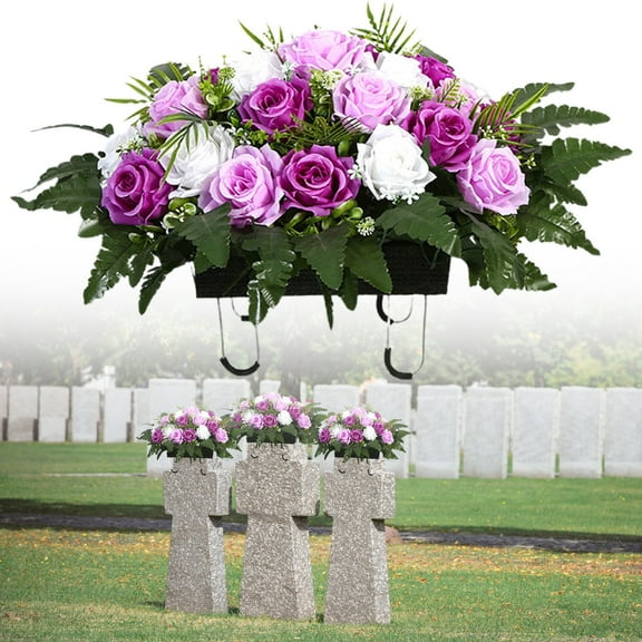 Clearance Under $60 Artificial Cemetery Flower Arrangement Grave Flower Mat Cloth For Cemetery Headstone Saddle Memorial Ground Decor Purple (1Pc)