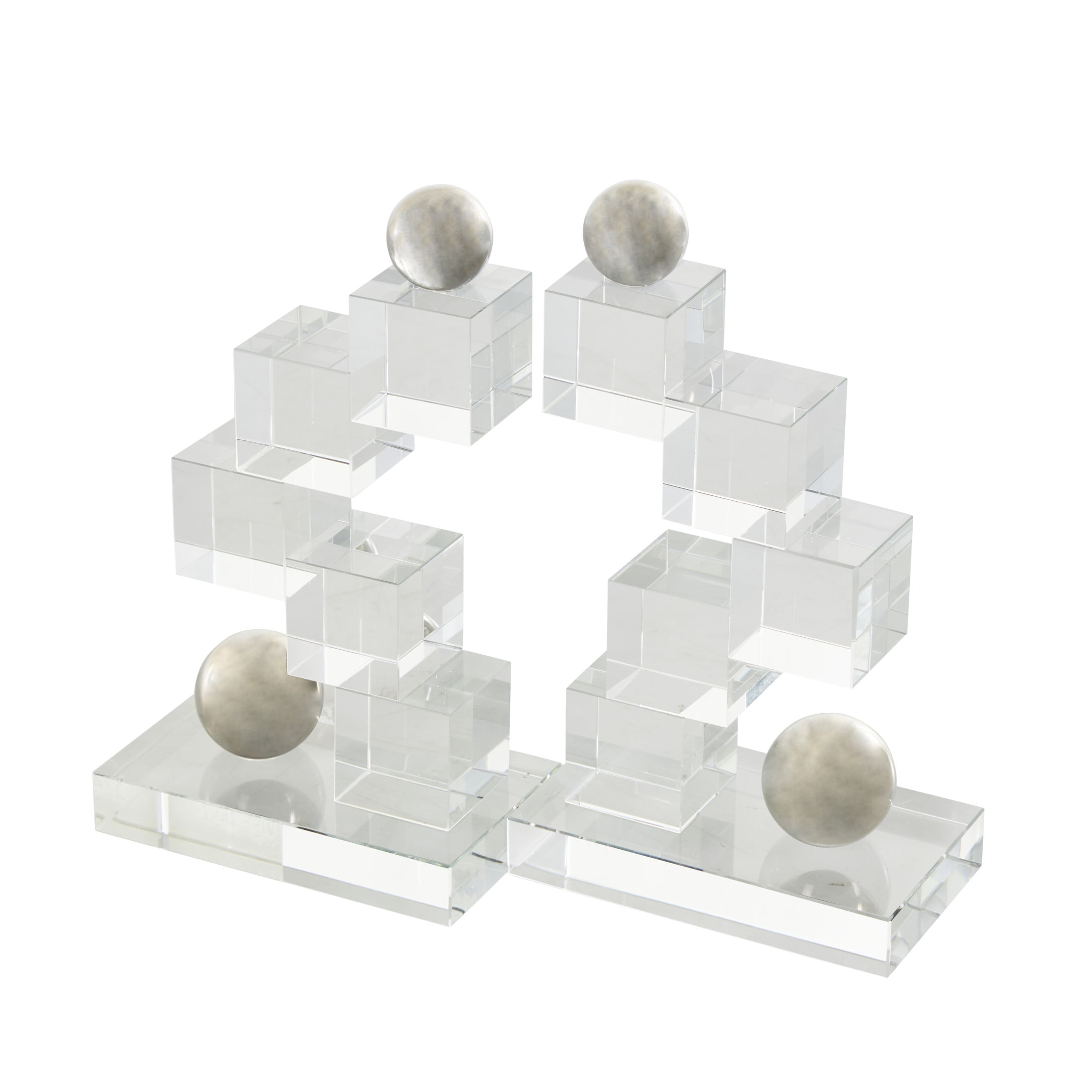 DecMode 5" Stacked Squares Geometric Clear Glass Bookends with Silver Orbs (Set of 2)