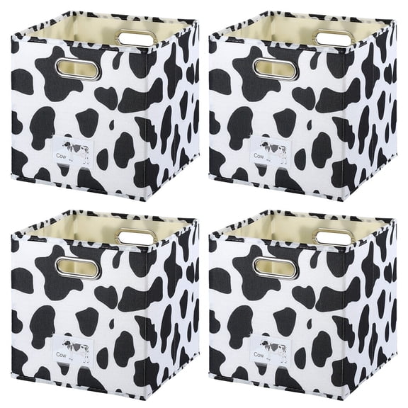 4 PCS Cow Print Storage Cubes,11 x 11 x 11 Inches Storage Basket Cow Storage Box with Handles Washable Foldable Cotton Linen Fabric Storage Bins for Desktop Closet Shelf Organizer Containers