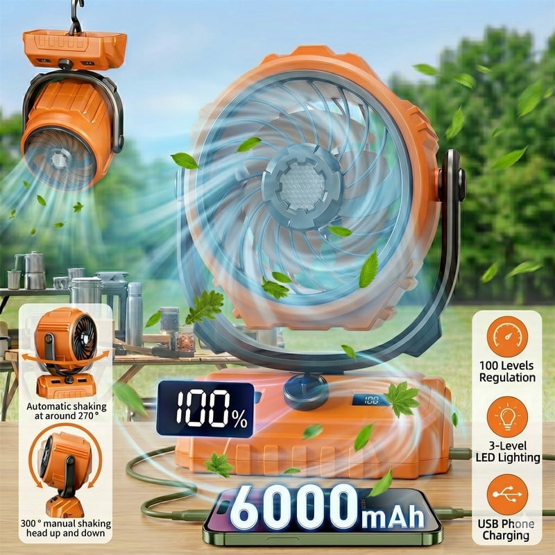 Lohoms High-Velocity Portable Outdoor Fan, 100 Adjustable Speeds & Auto Flip Desktop Fan, Cooling Fan for Camping Tents, Patios, Pets & Travel, Outdoor Camping Essentials(Orange)