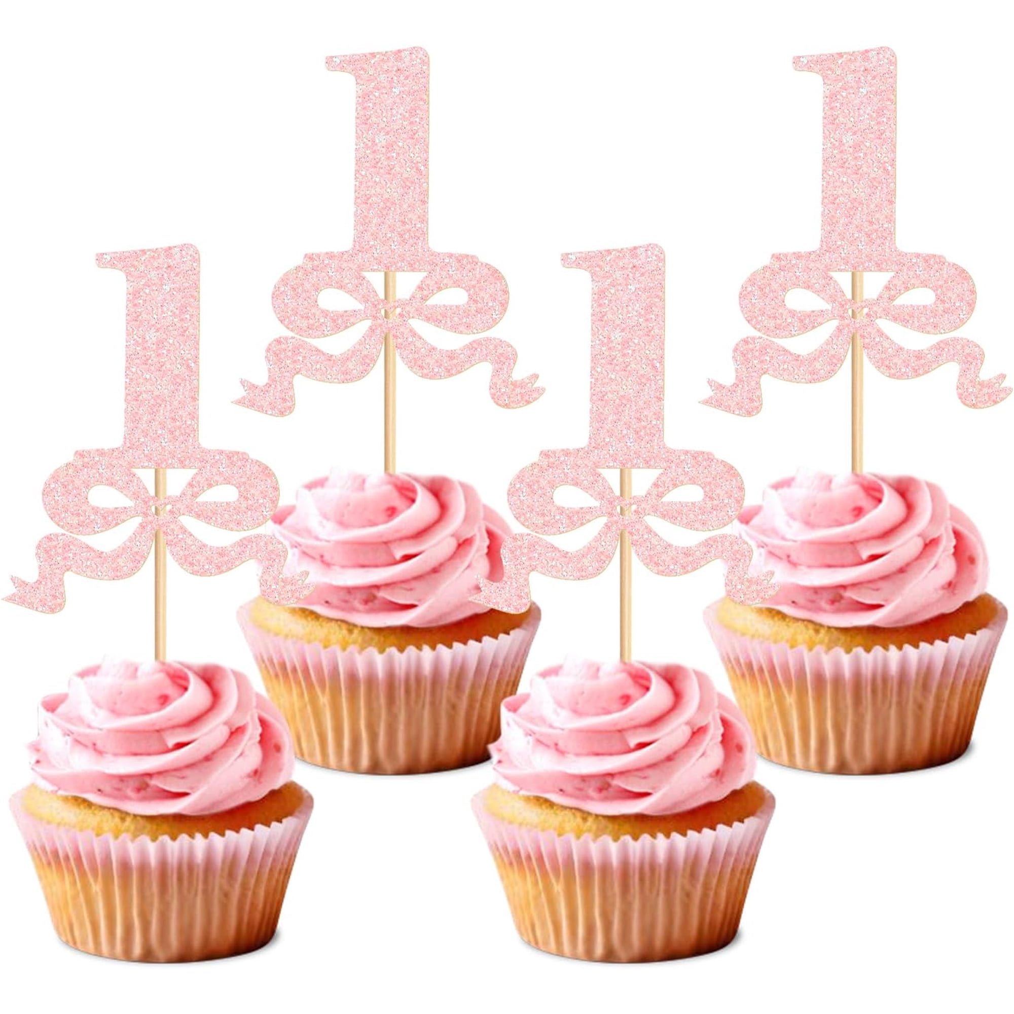 Glitter Number 1 Cupcake Toppers with Bow Pink 1st Birthday Party Decorations 12 Pack