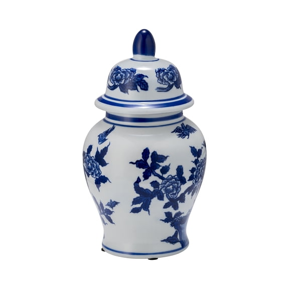 Chinoiserie Ginger Jar with Lid - Traditional Blue and White Ceramic Vase - Decorative Ceramic Accent for Home, Office, Bedroom, or Living Room - 10" Blue