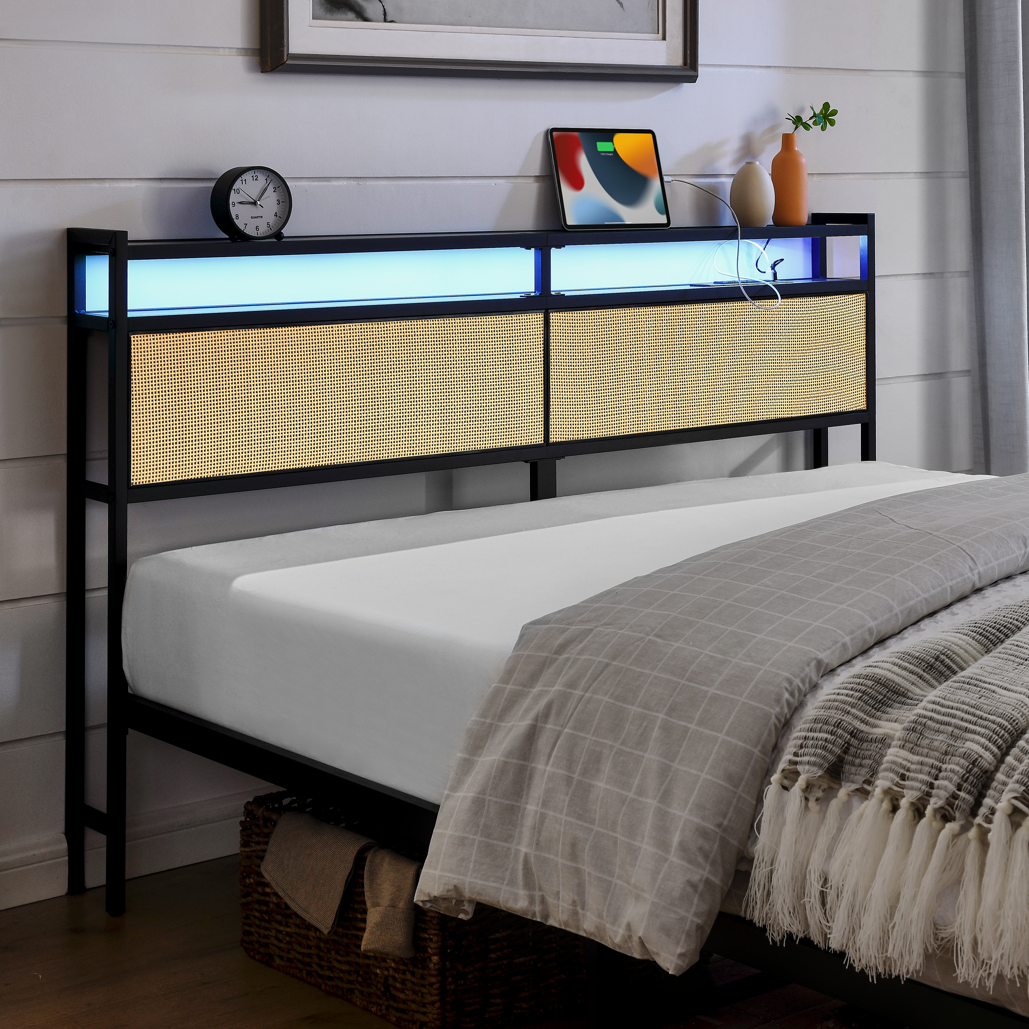 Euroco Metal Queen Platform Bed Frame with Storage Headboard and LED Light for Adults, Beige