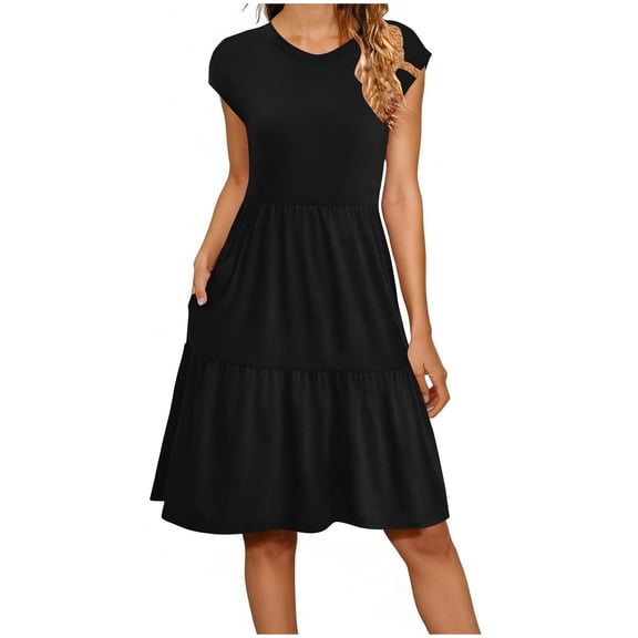 BRGZLK Women Summer Dresses Round Neck Loose Cap Sleeve Solid Color Casual Sundresses Flowy Swing Fashion Beach Vacation A Line Dress for Daily Wear Black M