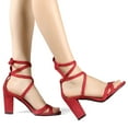 thumbnail image 2 of BLISSFUL STEP Women's Sandals High Block Heels Solid Color Lace up Sandals Red-Black Heel 9, 2 of 7