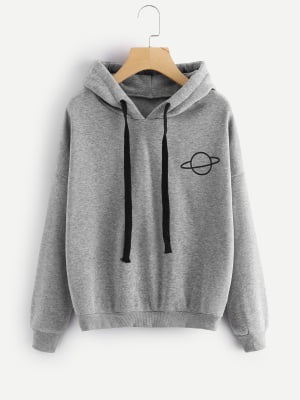 planet print drop shoulder hoodie