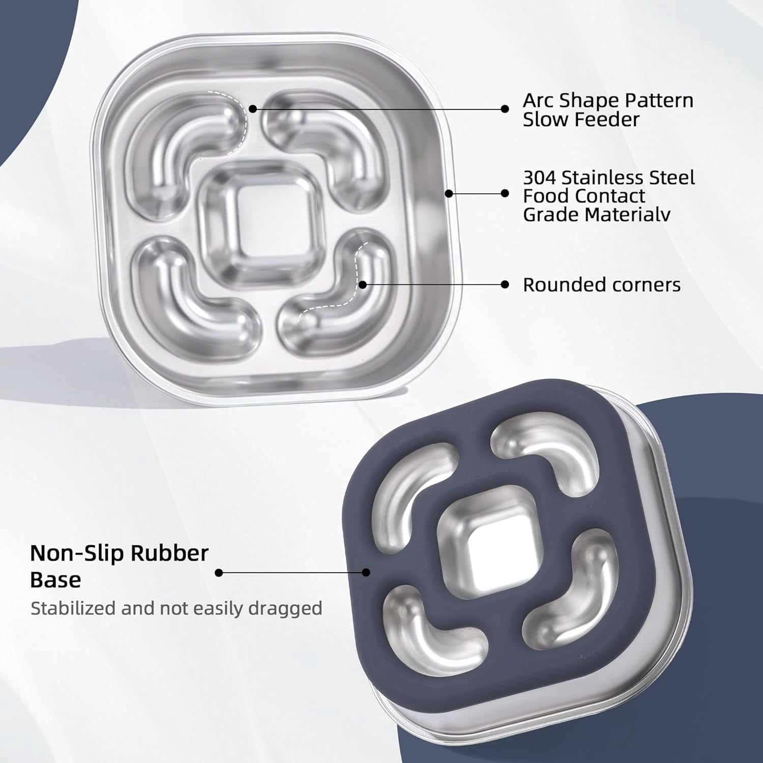 Slow Feeder Dog Bowls 304 Stainless Steel 5 Cups, Large Capacity Dog Food Slow Feeding With Non-Slip Rubber Base, 2-in-1 Slow Feeder Metal Dog Bowl for All Breeds Size