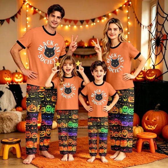Halloween Family Matching Pajamas Set, Vibrant Polyester Print Short Sleeve Pullover Onesie Loungewear, Fun Sleepwear for Family Matching Halloween Party, Holiday Pajama Set