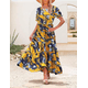 thumbnail image 3 of Vestido largo bohemio con estampado floral para mujer, vestido largo con mangas abullonadas y mangas cortas, falda informal de verano para playa y vacaciones, 3 of 5