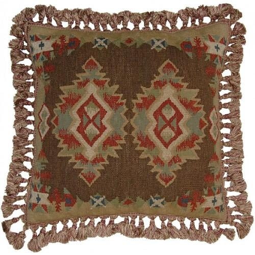 Throw Pillow Aubusson Ikat 22x22 Beige Brown Green Velvet Down Feather Insert