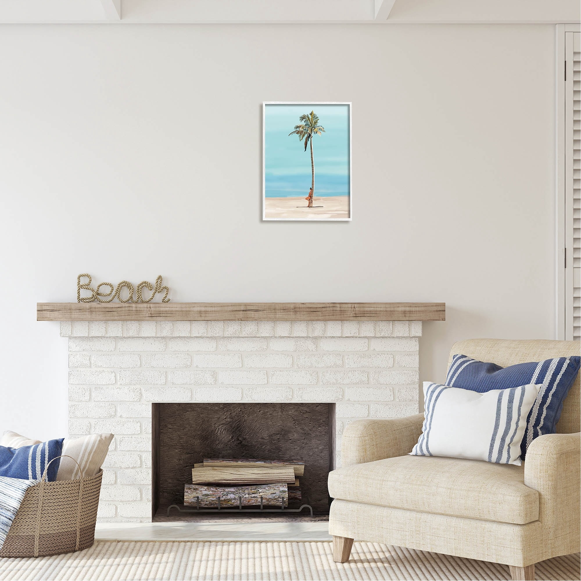 Stupell Industries Girl Leaning On Palm Tree Coastal Painting White Framed Art Print Wall Art