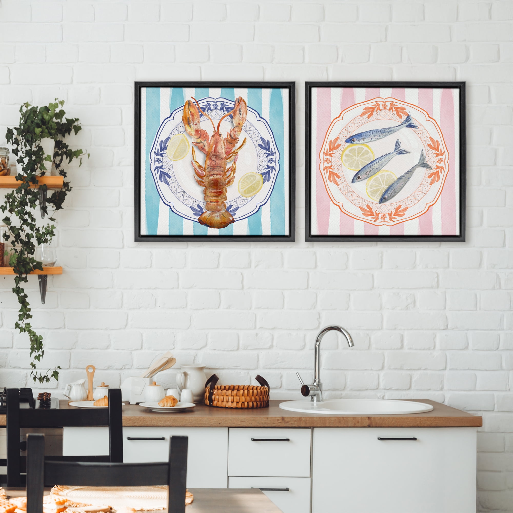 Stupell Industries Lobster & Sardines Plates 2 Piece Black Framed Floater Canvas Set, design by Christie Adams