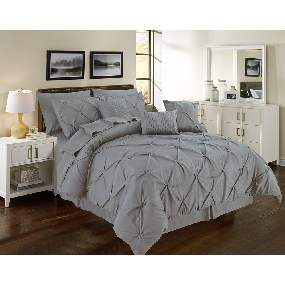 Pintuck Gray 11Piece Comforter Set OverSized Pinch Pleated Bedding