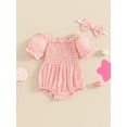 thumbnail image 2 of Bagilaanoe Newborn Baby Girl Summer Rompers Plaid Short Sleeve Off Shoulder Bodysuits + Headband 3M 6M 12M 18M Infant One Piece Jumpsuit, 2 of 7