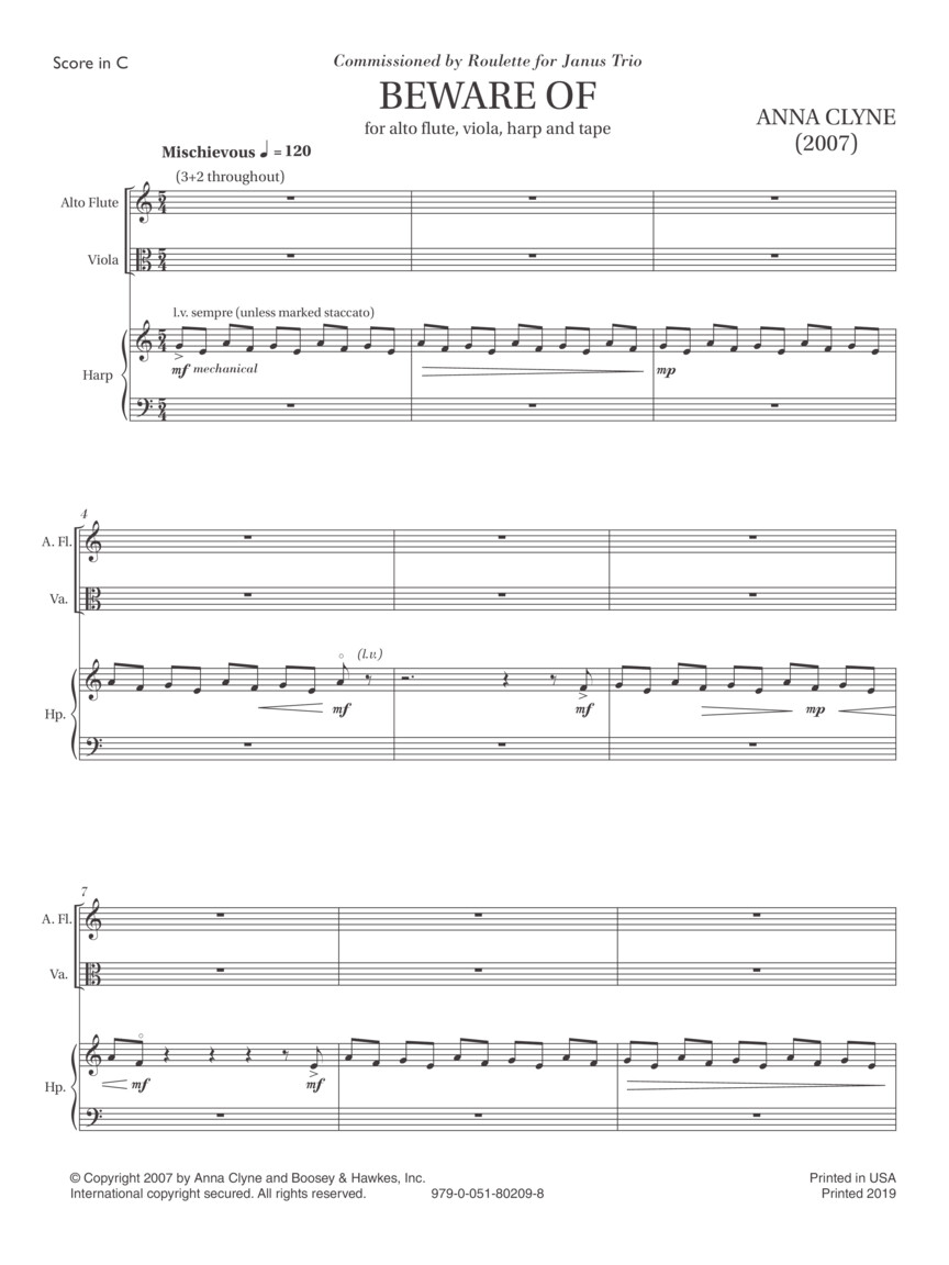 Beware of : For Alto Flute, Viola, Harp, and Pre-Recorded Audio Score and Parts (Sheet music)