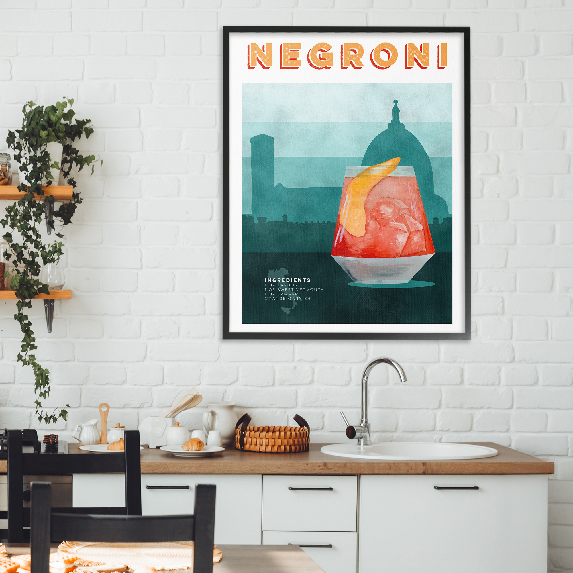 Retro Negroni & Architecture Black Framed Giclee Art, design by Brett Blumenthal