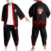 HAORUN Men Japanese Yukata Loose Casual Fox Print Kimono Coat Jacket Top Pants Elastic Trousers Outwear Plus Size Summer Suit
