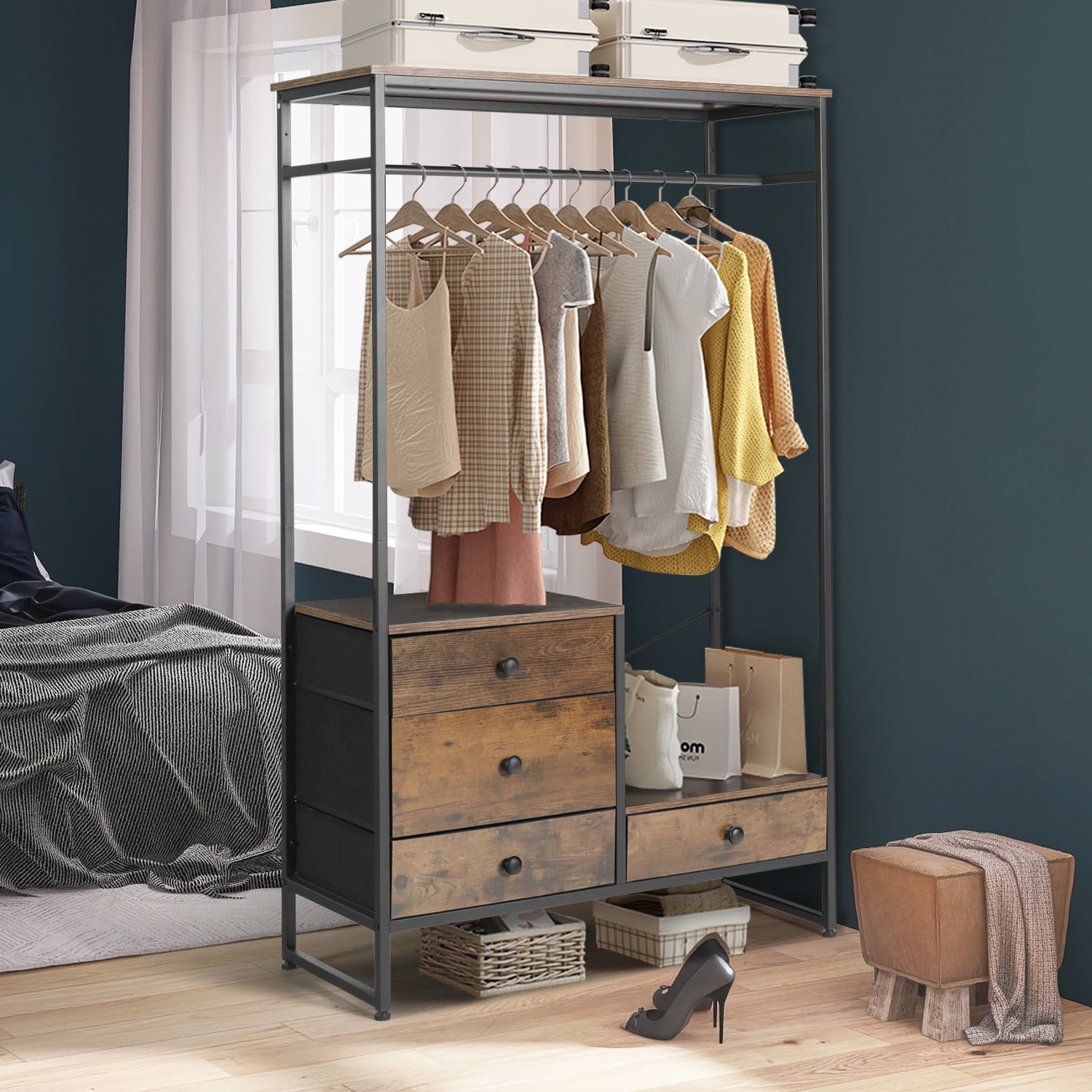 Free Standing Clothes Rack Shelves Coat Rack Hall Tree with Industrial Garment Rack with Shelves