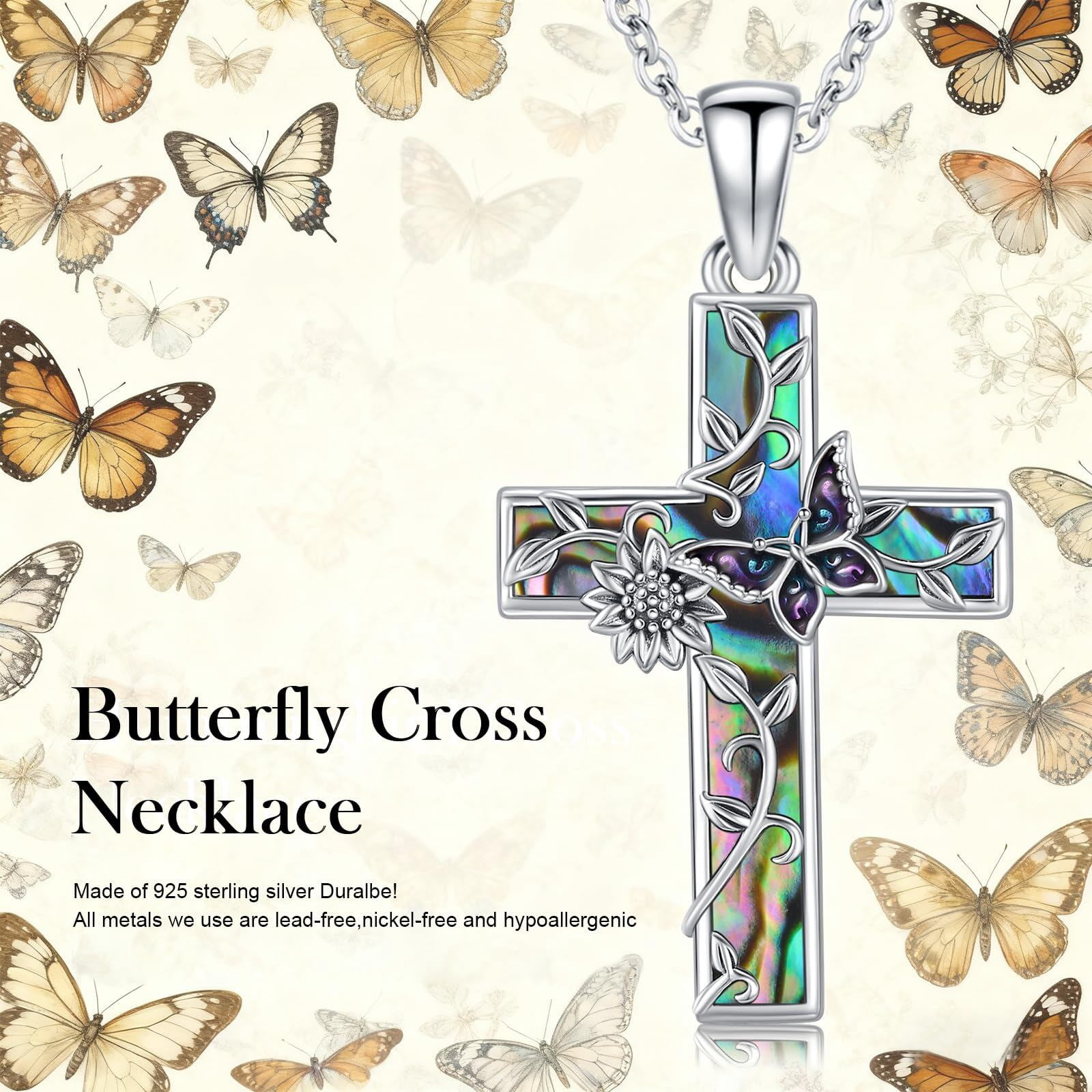 Coachuhhar Sunflower Cross Necklace 925 Sterling Silver Butterfly Pendant Necklace Abalone Jewelry Gifts for Women Mom Birthday