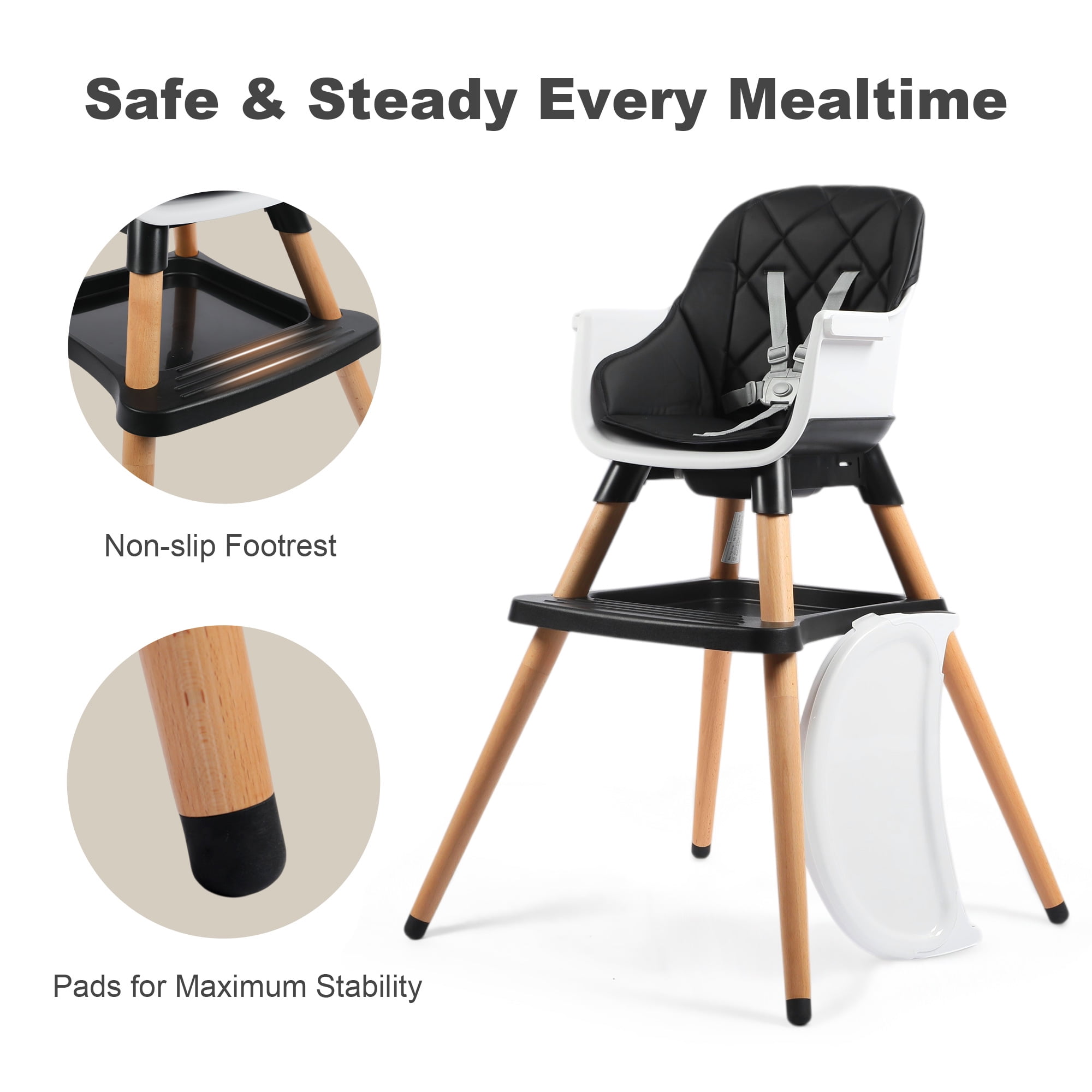 AILEEKISS 7 in 1 Wooden Baby High Chair for Toddler, Infant Feeding Chair with Removable Tray, Black
