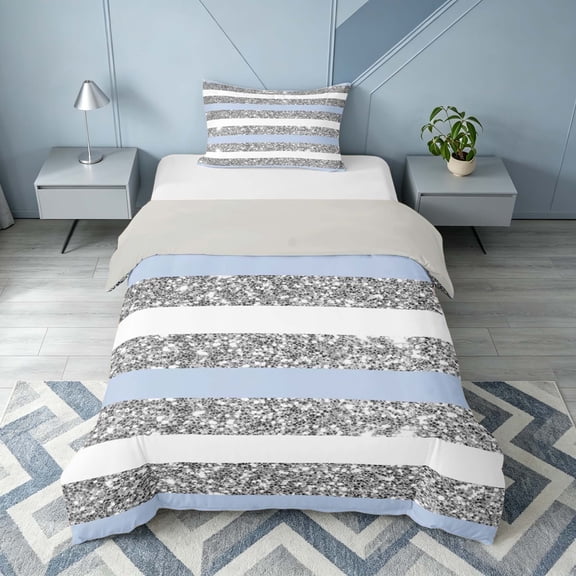 Homewish Geometric Stripes Twin Duvet Cover for Girls, Blue Gray White Twin Bedding, Gray Reversible, 2 Pieces 1 Duvet Cover and 1 Pillowcase