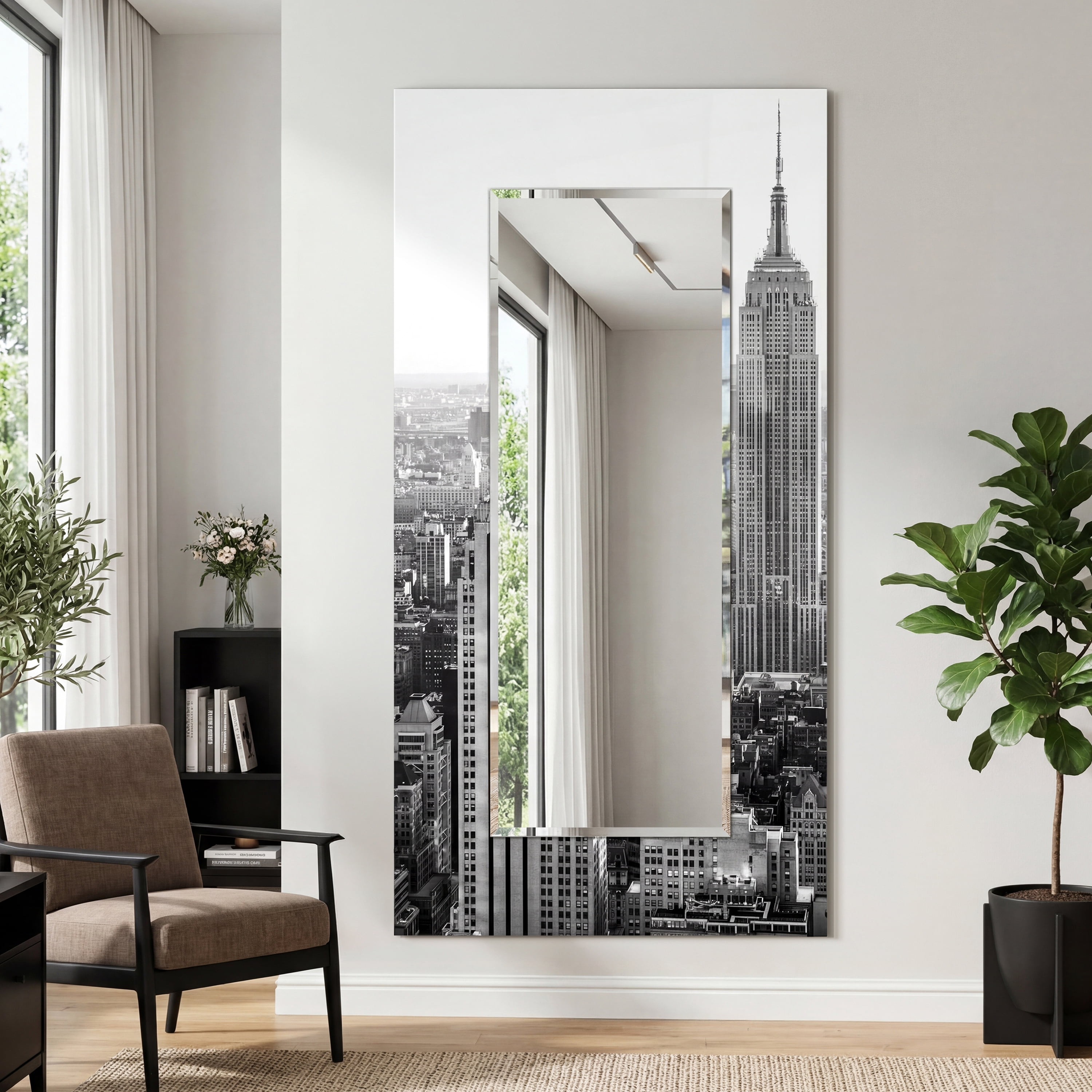 Empire Art Direct My N.Y. Rectangular Beveled Mirror on Free Floating Reverse Printed Tempered Art Glass, 72" x 36" x 0.4", Ready to Hang