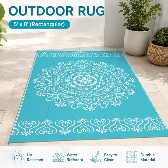 Waterproof Outdoor Rug 5x8, Reversible Plastic Straw Patio Camping Mat, Indoor Outdoor Rug for Deck, Porch, Balcony, Backyard, Picnic, Floral Teal