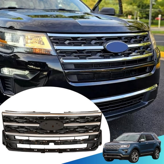 ONEPI Front Grill Matte Black W/ Silver Trim Compatible with Ford Explorer Base/Limited/Sport/XLT/Platinum 2018 2019 Models