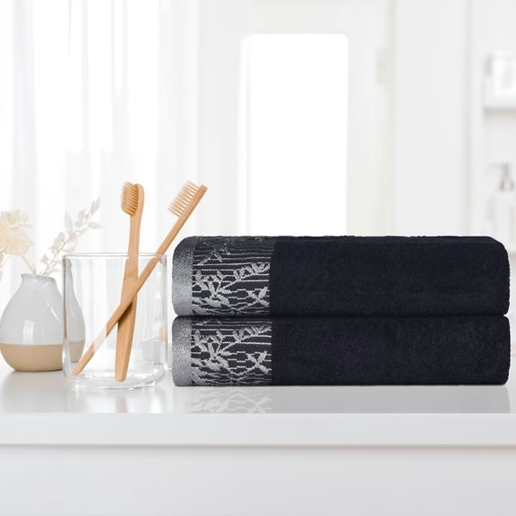 BNM Cotton Floral Border Bath Towel Set of 2, Black