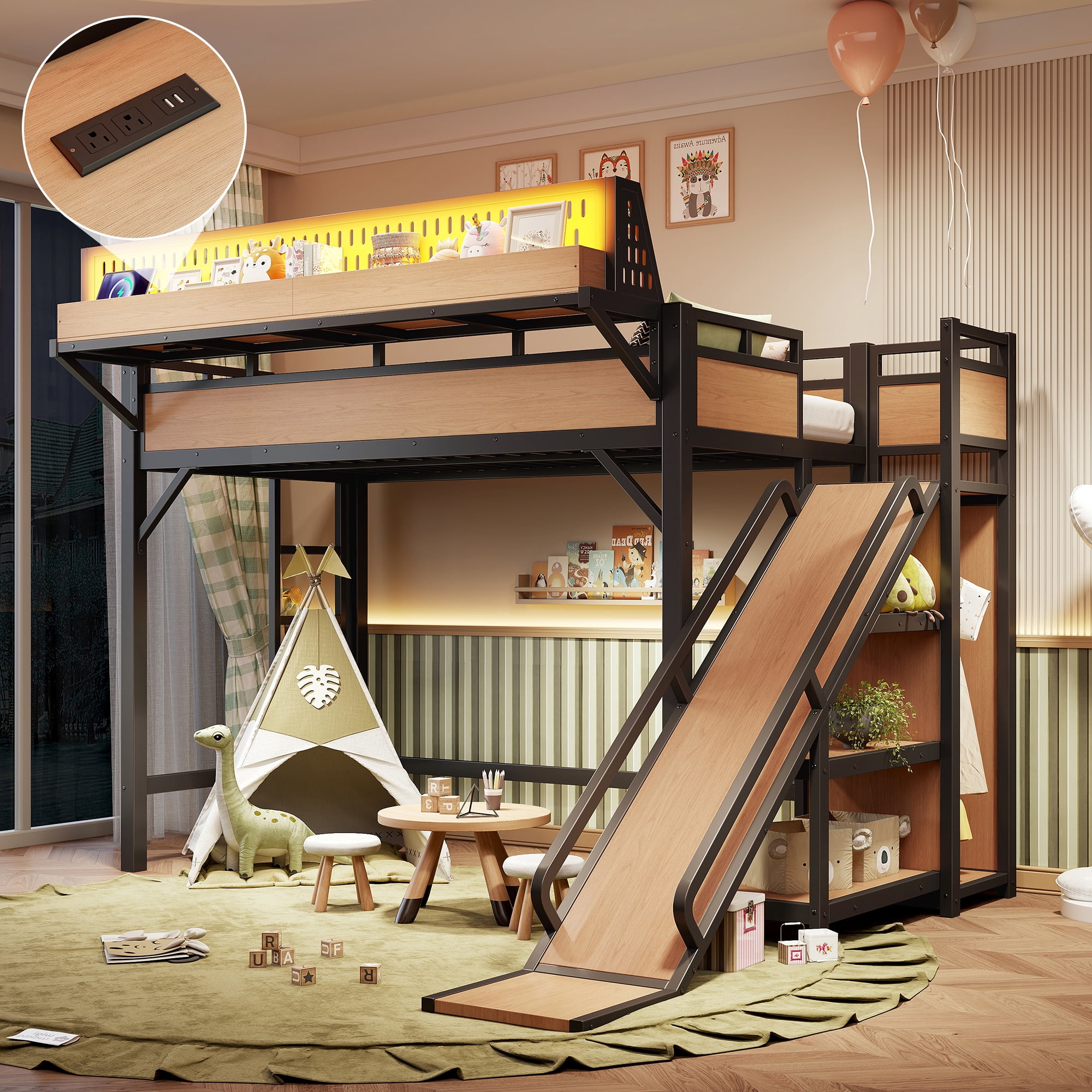 Leumius Twin XL Size Loft Bed with Slide,Storage Shelves and Built-in Wardrobe,Metal Loft Bed Frame with USB Ports and LED Lights,Pegboard,Safety and Solid,