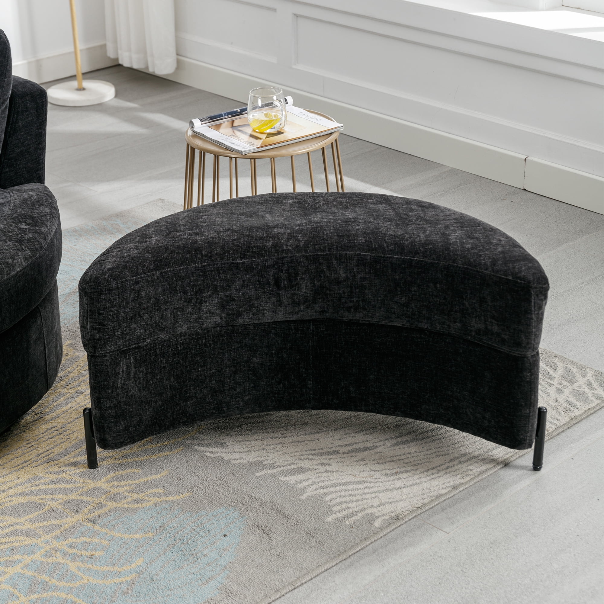 Aukfa 33" Storage Ottoman, Convertible Bench, Side Table for Living Room, Half Moon Shape, Black