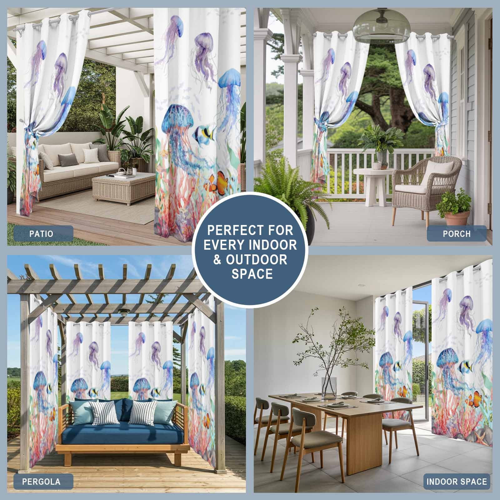 Watercolor Jellyfish Outdoor Curtains for Patio, Summer Ocean Seaweed Coral Coastal Sunshade Privacy Drapes Grommet Waterproof Outside Curtains for Porch/Cabana/Balcony 54"x 108", 1 Panel