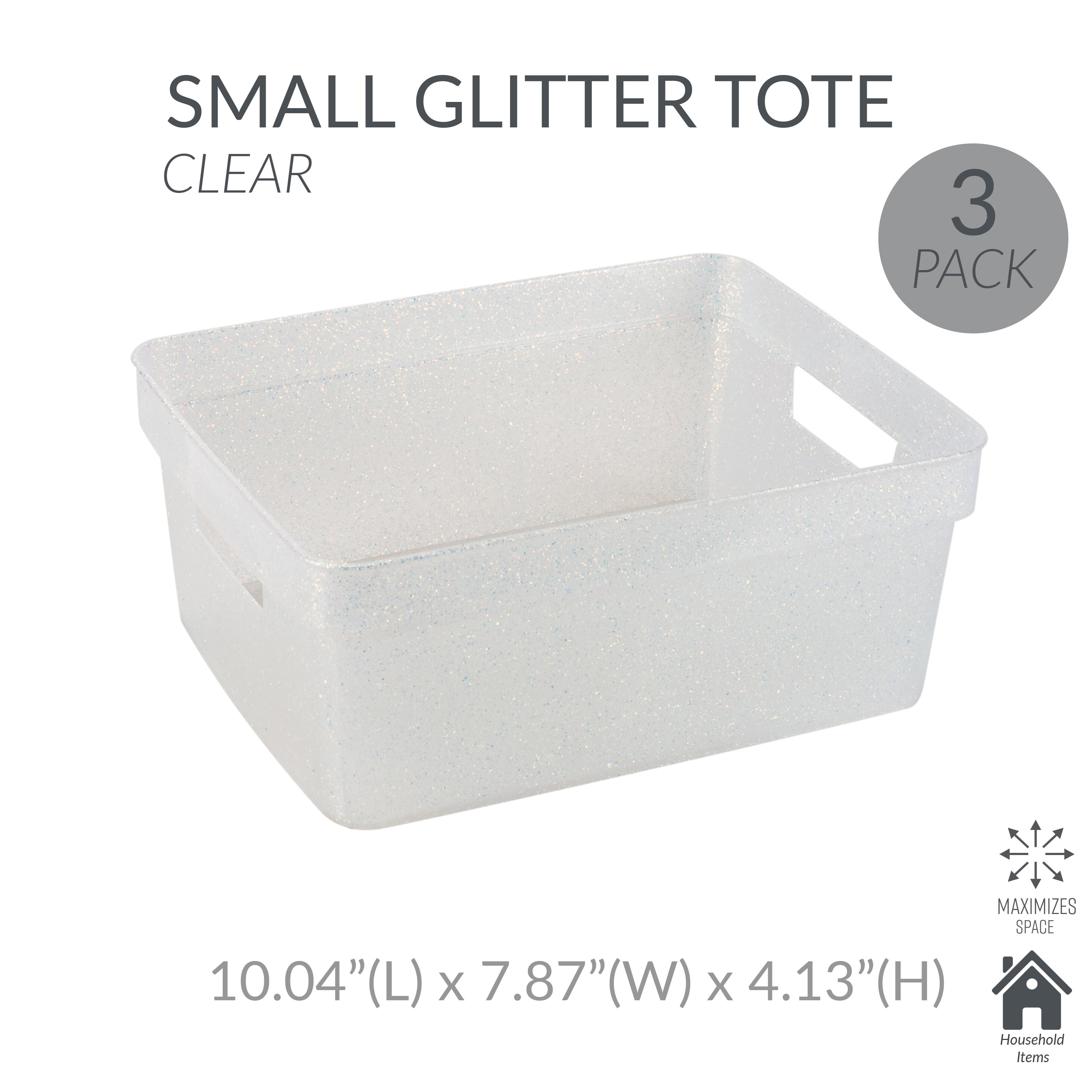 Simplify 3 Pack Small Polypropylene Glitter Storage Tote Baskets, Clear