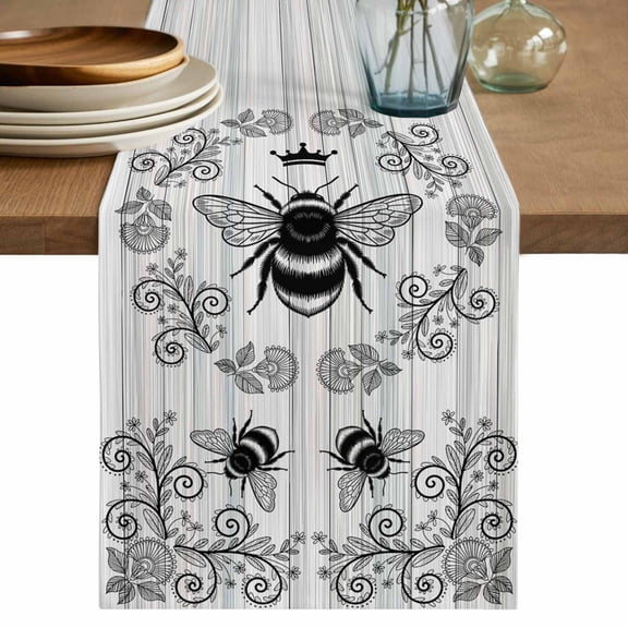 Vintage Bees Crowns Table Runner, Retro Leaves Rings Gray Wooden Washable Cotton Linen Table Runners 60 Inches Long, Dresser Scarf Runner for Coffee/TV Stands/Kitchen/Cabinets 13''x60''