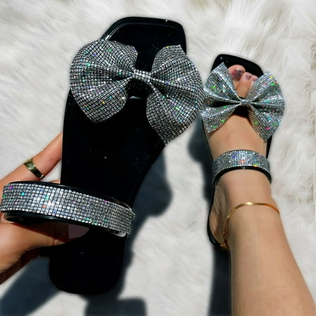 

NEGJ Womens Shoes Summer Slippers Sequin Bow Square Toe Slippers Fashion Flat Plus Size Slippers