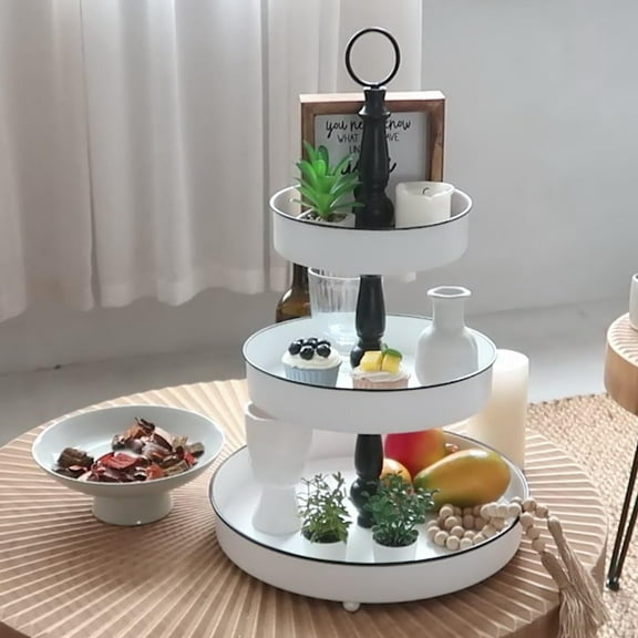 3-Tiered Metal Tray Stand with Handle for Kitchen, Dining Room, Bathroom - Modern Farmhouse Decor, Black and White