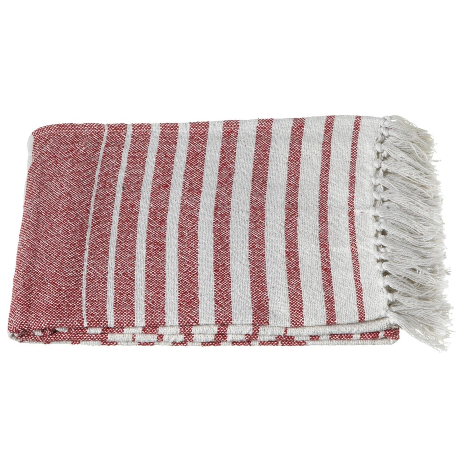 Set of 2 Rose Red and Off White Cotton Striped Fringed Throw Blankets