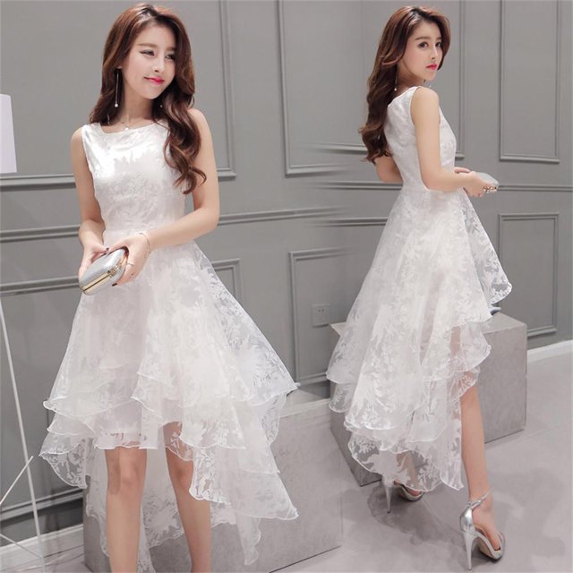 Vestido de tul para mujer Moda Primavera Verano Vestidos de longitud media Sin mangas Elegante Frente delgado Espalda corta Vestido de fiesta largo e hinchado para la cena