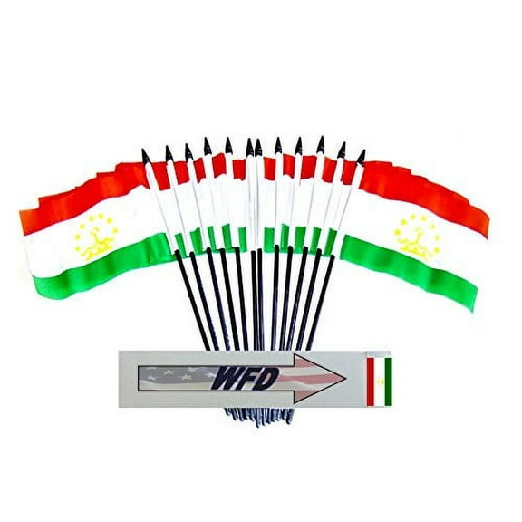 Pack of 12 4"x6" Tajikistan Polyester Miniature Office Desk & Little Table Flags, 1 Dozen 4"x 6" Tajik Or Tadzhik Small Mini Hand Waving Stick Flags