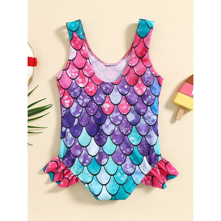 Gwiyeopda Toddler Girls Summer Swimwear One Shoulder Fish Scale Print  Bathing Suits Swinsuits 