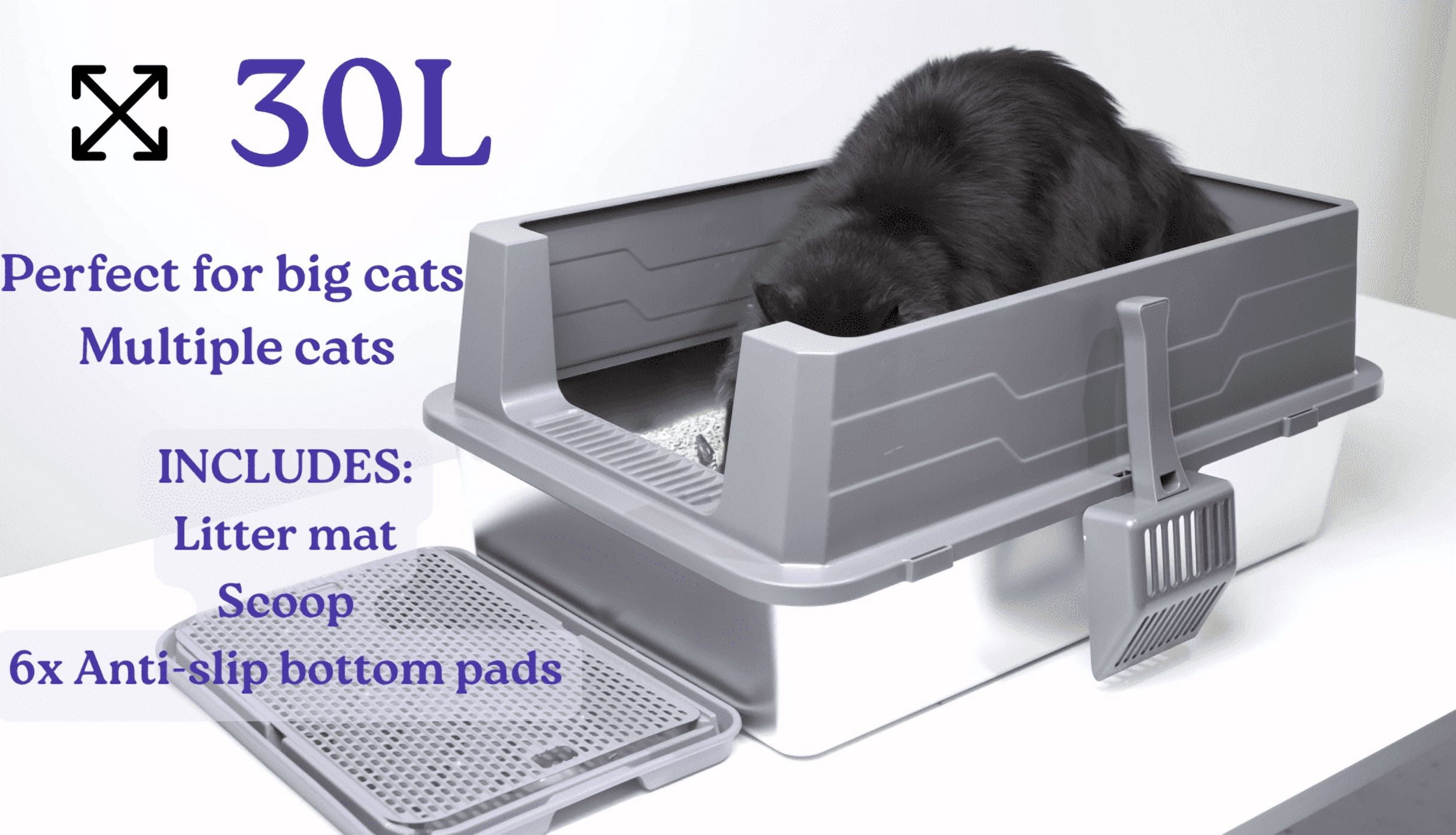 X-Large Stainless Steel Cat Litter Box Suite with Lid, Scoop & Mat – Durable, Easy-to-Clean, Non-Porous Metal Litter Pan for Large Cats or Multi-Cat Homes (28.4" × 20.7" × 15")