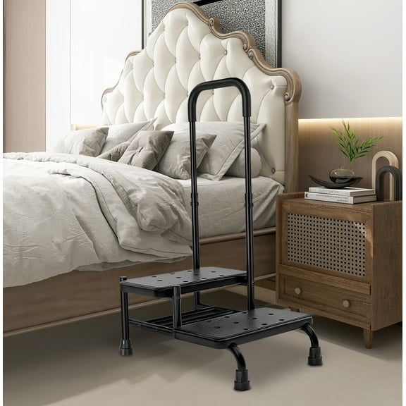 Step Stool for Seniors, 2 Stepping Stool for Bed Heavy Duty with Handle for Adults, Medical-Grade Footstool Supporting Up to 350 lbs, Black