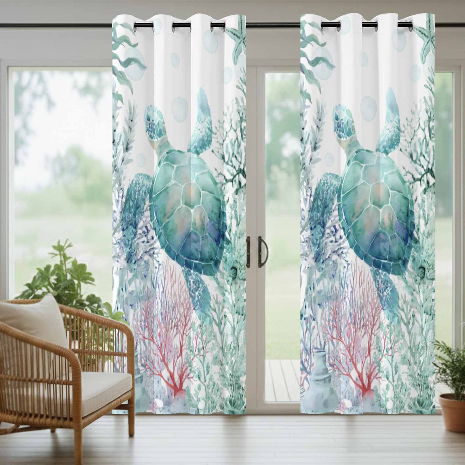 Oceans Animal Outdoor Curtains for Patio, Summer Green Sea Turtle Coral Seagrass Sunshade Privacy Drapes Grommet Waterproof Outside Curtains for Porch/Cabana/Balcony 54"x 108", 1 Panel