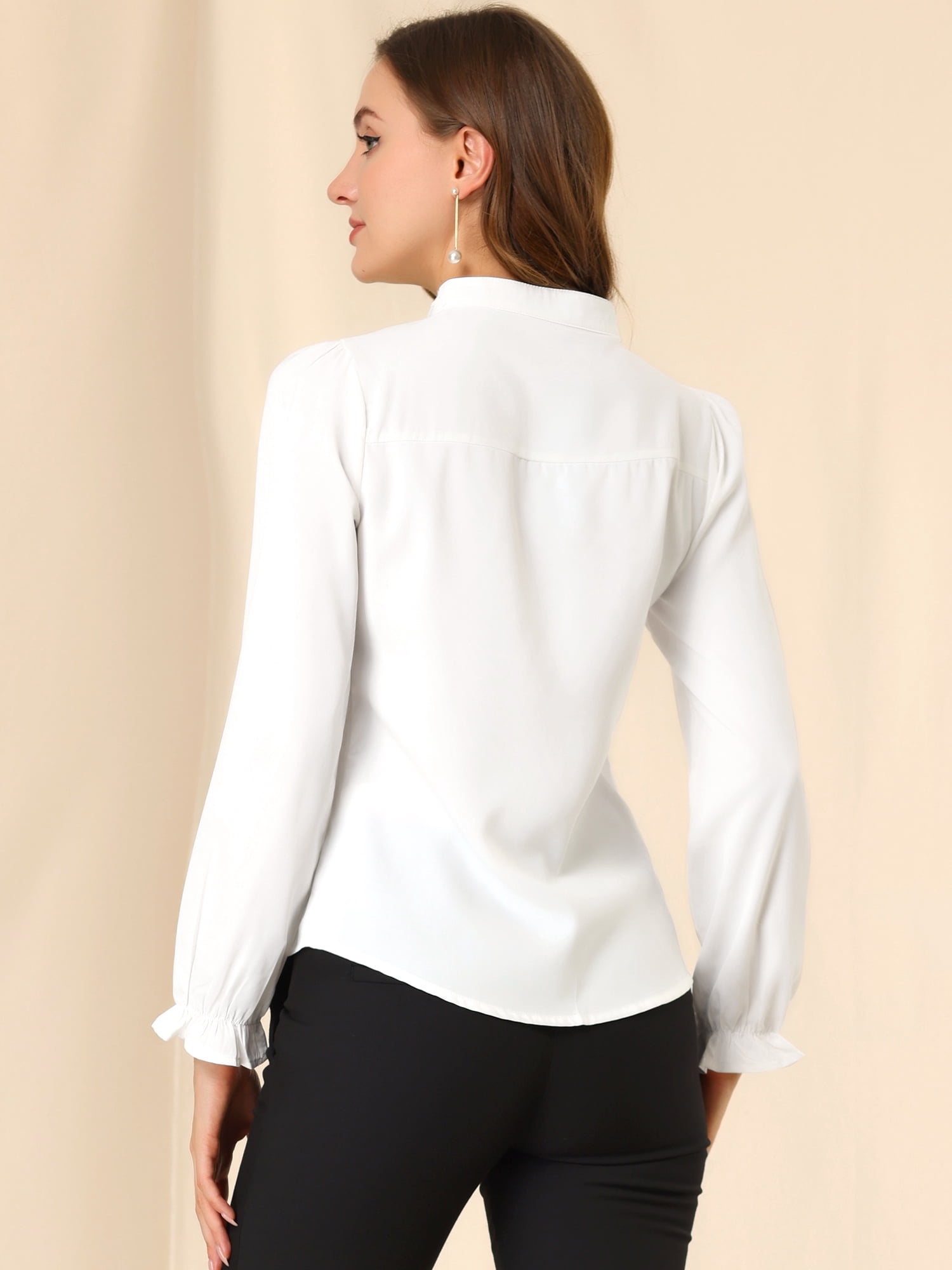 DARING DIVA Women's Chiffon Stand Collar Ruffled Trim Work Blouse L White