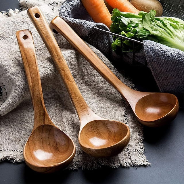 3 piezas de cucharones de madera Utensils-cucharón de sopa de 12 pulgadas, cuchara de cocina de servicio de 11 pulgadas y cuchara de cucharón de mezcla de madera de 10 pulgadas