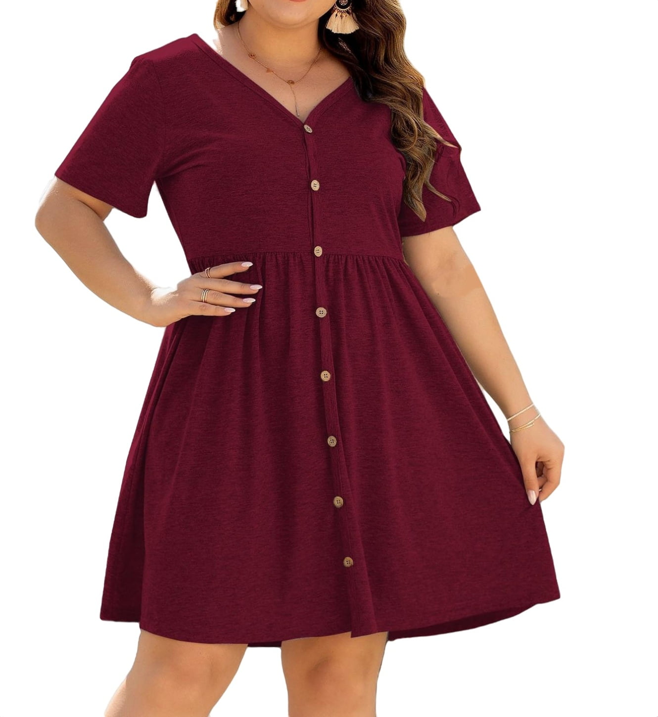 Women Plus Size Casual A line Dress V Neck Short Sleeve Button Front Knee Length Swing Dresses